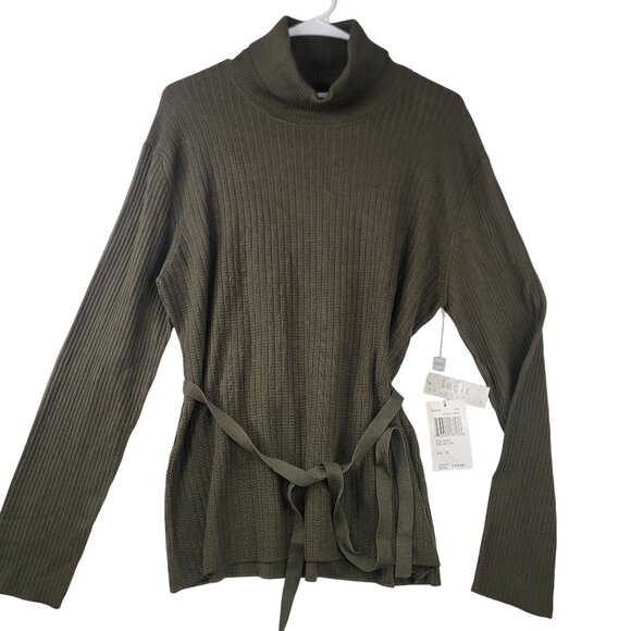 August Silk Logic Ribbed Belted Turtleneck Sweater XL Olive Green Silk/Nylon New - Picture 1 of 9